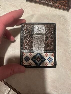 Tooled Leather Money Clip Wallet with Beaded Accent - Brown & White